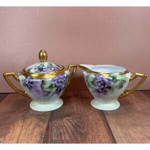 Antique Fischer & Mieg Hand-Painted Gilded Creamer & Sugar, Violets, Signed